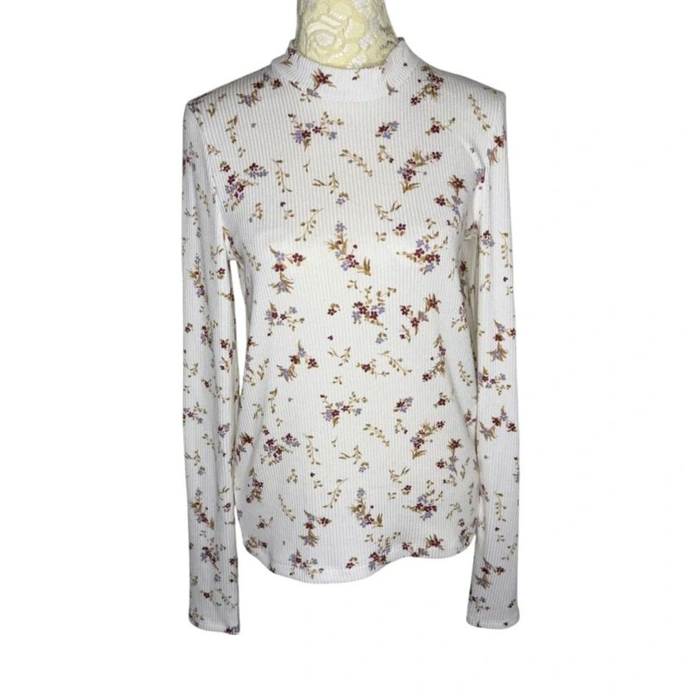 Abercrombie Kids Mock Neck Top Blouse Shirt Rib Knit Floral Cream Red 17 18 S M